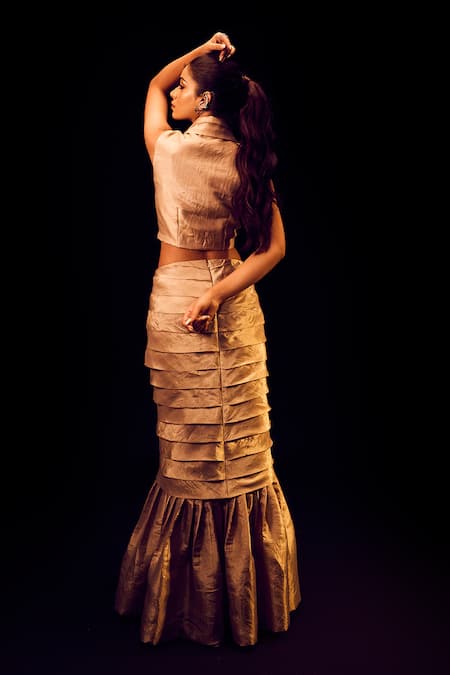 Label Anshu Khathuria Champagne Gold Designer Skirt & Jacket Top 