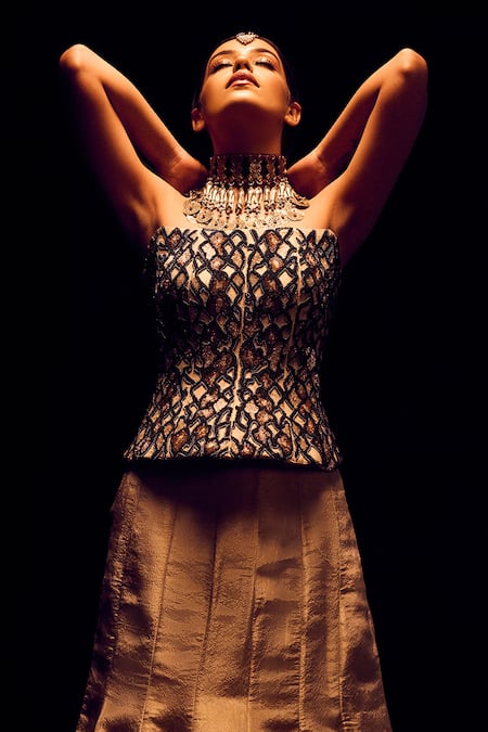 Label Anshu Khathuria_Gold Tissue Embroidery Bandeau Neck Hand Corset And Skirt Set _Online_at_Aza_Fashions