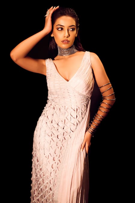 Label Anshu Khathuria_Pink Tissue V-neck Pastel Designer Gown _Online_at_Aza_Fashions