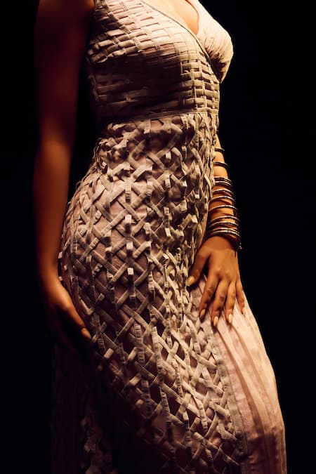 Buy_Label Anshu Khathuria_Pink Tissue V-neck Pastel Designer Gown _Online_at_Aza_Fashions