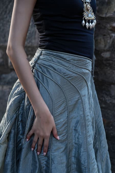 Label Anshu Khathuria_Gray Tissue, Cotton Cowl Neck Designer Grey Cording Skirt And Top Set _Online_at_Aza_Fashions