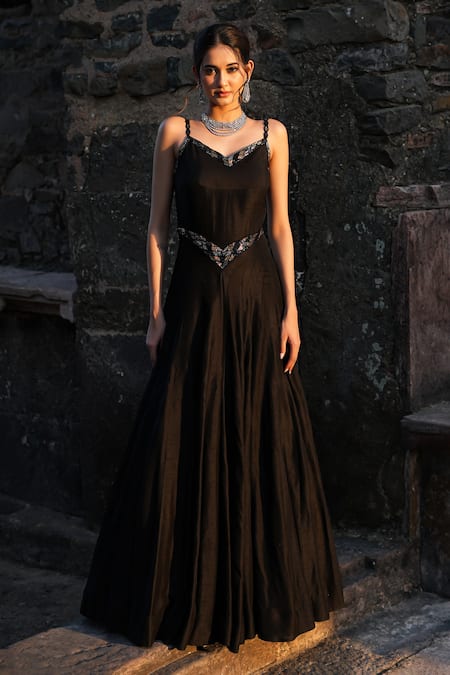 Label Anshu Khathuria_Black Silk, Tissue Embroidery Sweetheart Neck Designer Gown With Cape _Online_at_Aza_Fashions