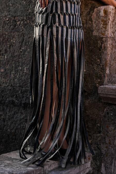 Buy_Label Anshu Khathuria_Black Tissue Asymmetric Striped Designer Gown _Online_at_Aza_Fashions
