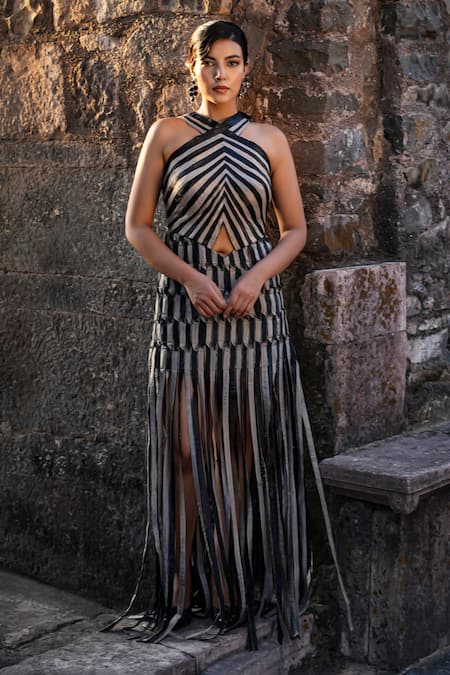 Label Anshu Khathuria Black Tissue Asymmetric Striped Designer Gown 