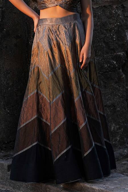 Label Anshu Khathuria_Black Boat Neck And Bronze Designer Lehenga Set _Online_at_Aza_Fashions