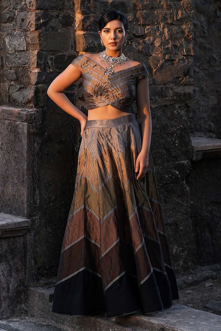 Label Anshu Khathuria Black Boat Neck And Bronze Designer Lehenga Set 