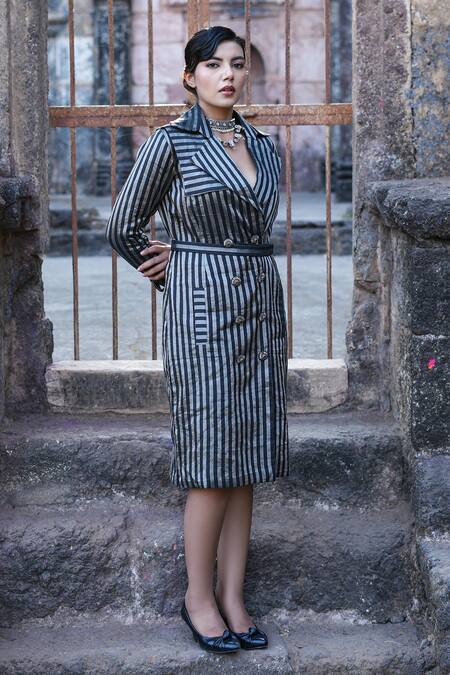 Label Anshu Khathuria_Gray Notched Neck Striped Designer Trenchcoat Dress _Online_at_Aza_Fashions