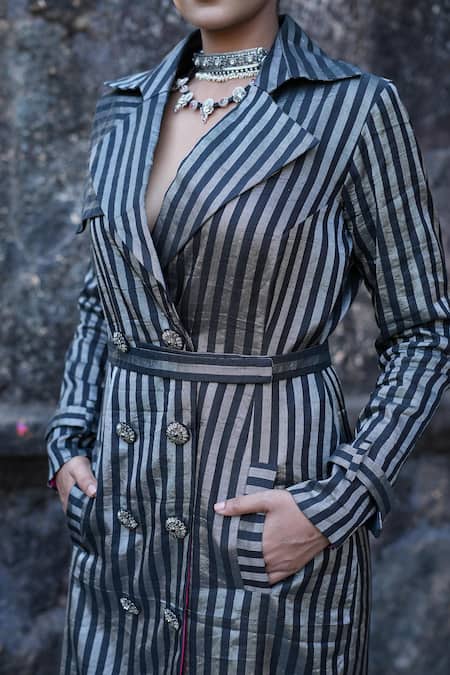Buy_Label Anshu Khathuria_Gray Notched Neck Striped Designer Trenchcoat Dress _Online_at_Aza_Fashions