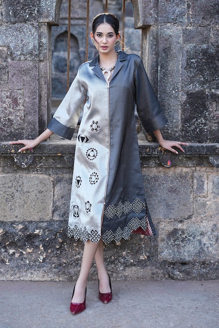 Label Anshu Khathuria Gray Brocade, Velvet, Tissue Embroidery Open Neck Grey Silver Jacket Dress 