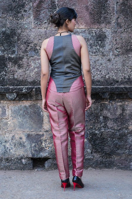 Label Anshu Khathuria Red & Grey Brocade Designer Set 