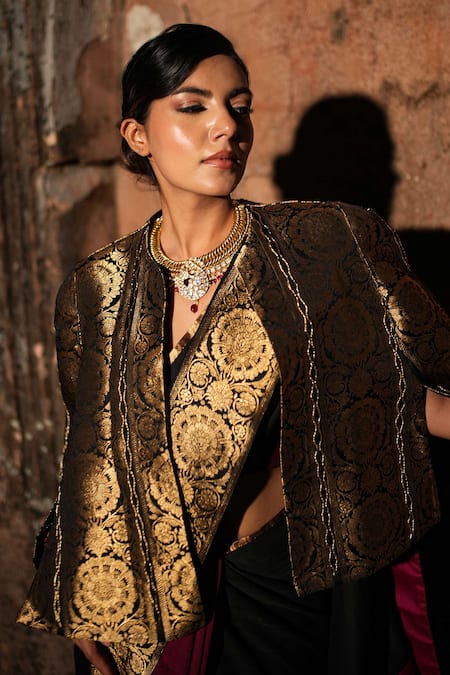 Shop_Label Anshu Khathuria_Black Brocade, Handloom Cotton Embroidery Round Rani Red Designer Saree Set _Online_at_Aza_Fashions