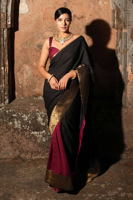 Label Anshu Khathuria_Black Brocade, Handloom Cotton Embroidery Round Rani Red Designer Saree Set _at_Aza_Fashions