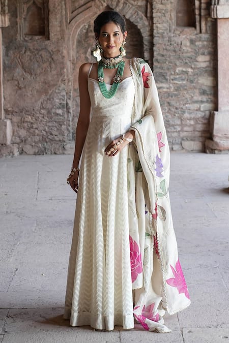 Label Anshu Khathuria Ivory Embroidery Plunge Neck Handloom Anarkali Set 