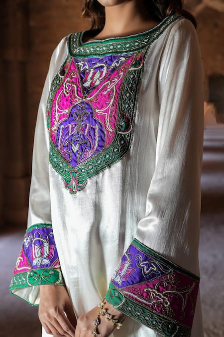 Buy_Label Anshu Khathuria_Ivory Embroidery Round Neck Hand Tunic And Tulip Pant Set _Online_at_Aza_Fashions