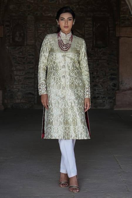 Label Anshu Khathuria Gold Brocade, Silk, Cotton, Lycra Embroidery Round Sherwani Tunic And Pant Set 