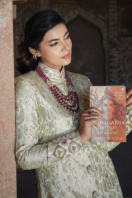 Buy_Label Anshu Khathuria_Gold Brocade, Silk, Cotton, Lycra Embroidery Round Sherwani Tunic And Pant Set _Online_at_Aza_Fashions