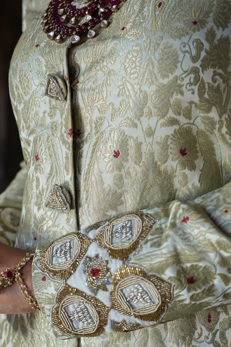 Shop_Label Anshu Khathuria_Gold Brocade, Silk, Cotton, Lycra Embroidery Round Sherwani Tunic And Pant Set _Online_at_Aza_Fashions