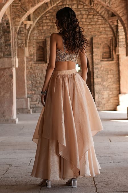 Label Anshu Khathuria Beige Hand Embroidered Bralette & Skirt Set 