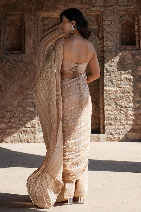 Label Anshu Khathuria Beige Designer Pre-Draped Saree & Bustier 
