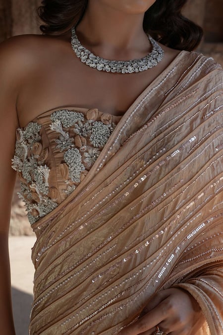 Buy_Label Anshu Khathuria_Beige Tissue Sequins, Embroidery Sweetheart Designer Pre-draped Saree And Bustier _Online_at_Aza_Fashions