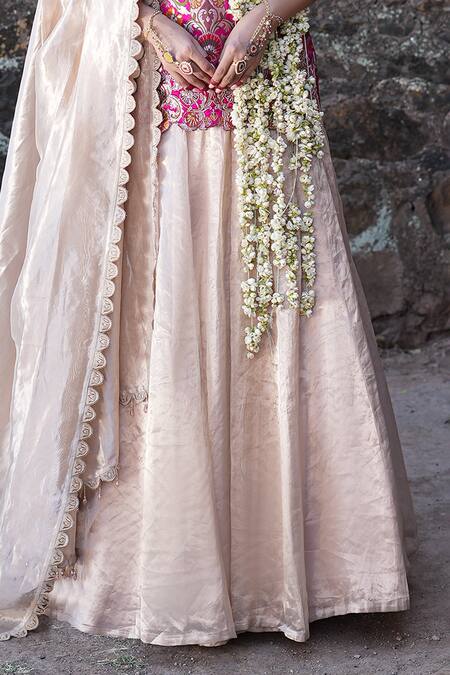 Label Anshu Khathuria Pink Brocade, Tissue Embroidery Round Neck Designer Rose-pink Lehenga Set Online at Aza Fashions Label Anshu Khathuria_Pink Brocade, Tissue Embroidery Round Neck Designer Rose-pink Lehenga Set _Online_at_Aza_Fashions