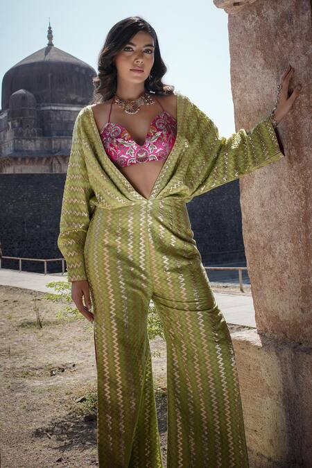 Buy_Label Anshu Khathuria_Green Silk, Brocade Embroidery Open Neck, And Rani-pink Handloom Jumpsuit Set _Online_at_Aza_Fashions