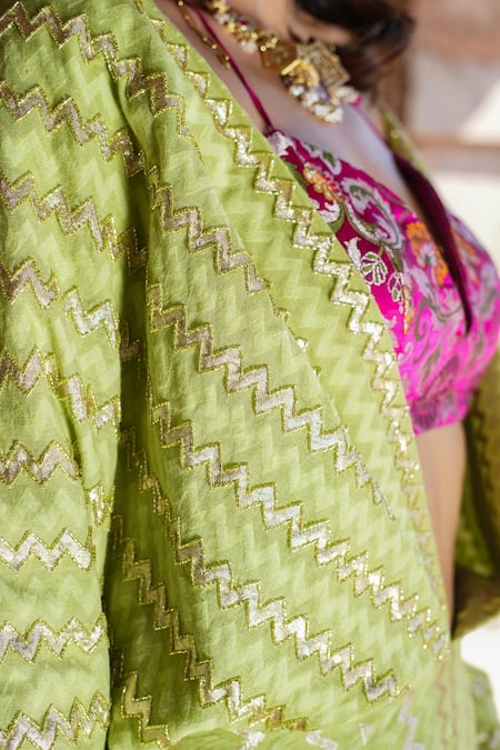 Label Anshu Khathuria_Green Silk, Brocade Embroidery Open Neck, And Rani-pink Handloom Jumpsuit Set _at_Aza_Fashions