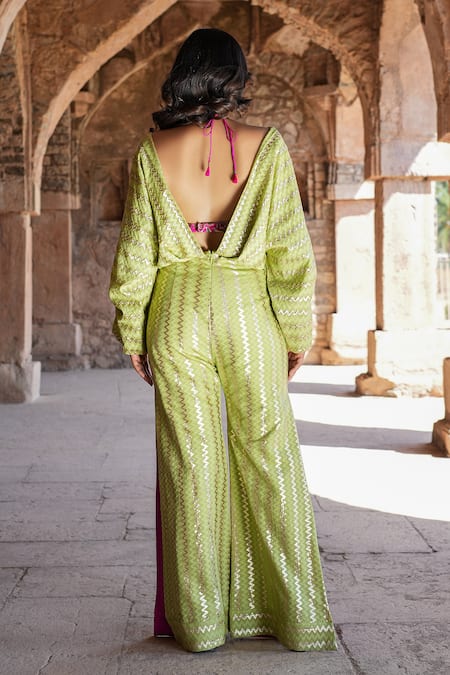 Label Anshu Khathuria Green & Rani-Pink Handloom Jumpsuit Set 