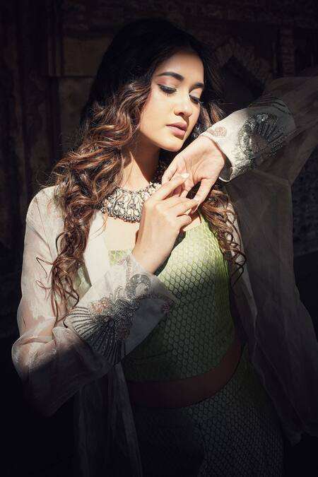 Label Anshu Khathuria_Green Tissue, Brocade Embroidery Open Neck Handloom Sharara Set With Jacket _Online_at_Aza_Fashions