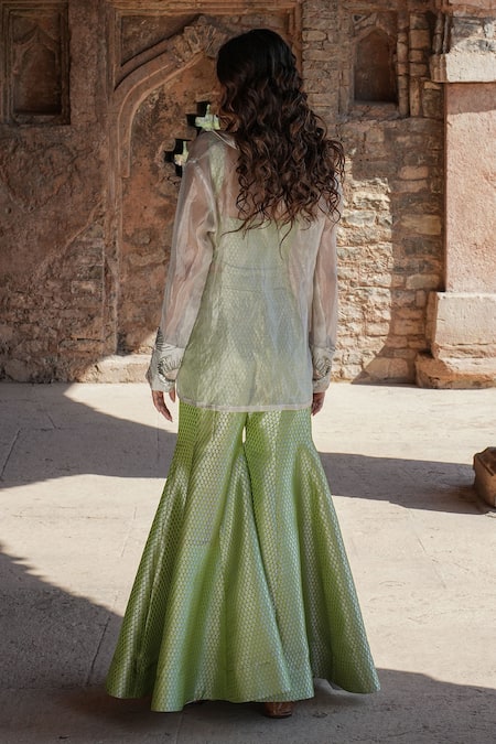 Label Anshu Khathuria Green Handloom Sharara Set With Jacket 