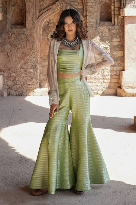 Label Anshu Khathuria Green Tissue, Brocade Embroidery Open Neck Handloom Sharara Set With Jacket 
