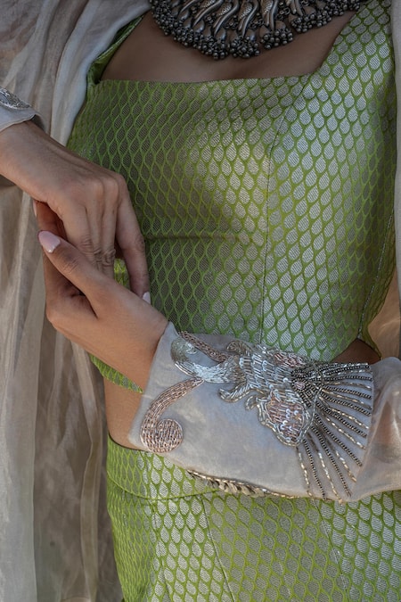 Buy_Label Anshu Khathuria_Green Tissue, Brocade Embroidery Open Neck Handloom Sharara Set With Jacket _Online_at_Aza_Fashions