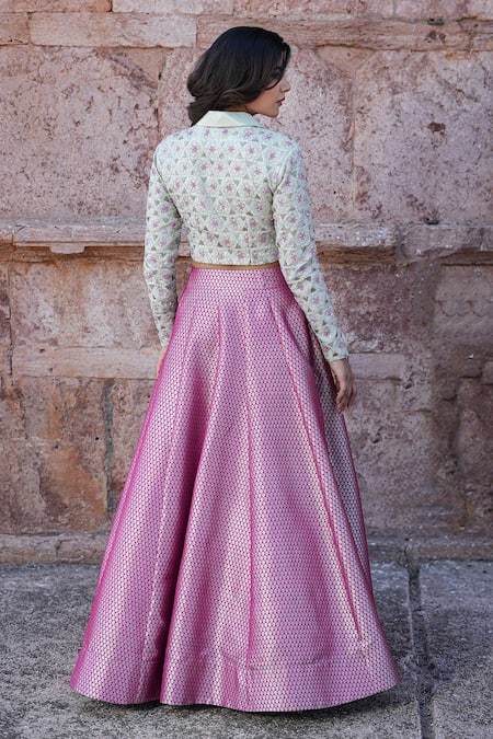 Label Anshu Khathuria Rani Pink & Green Designer Jacket Skirt Set 