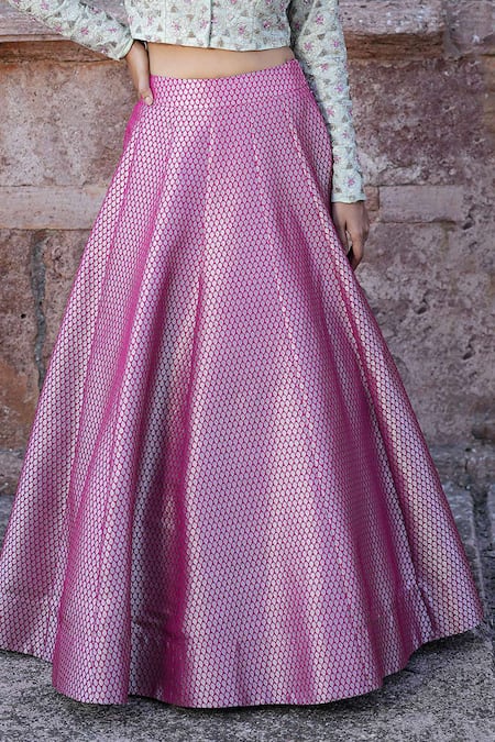 Shop Label Anshu Khathuria Pink Embroidery Collared Rani And Green Designer Jacket Skirt Set Online at Aza Fashions Shop_Label Anshu Khathuria_Pink Embroidery Collared Rani And Green Designer Jacket Skirt Set _Online_at_Aza_Fashions