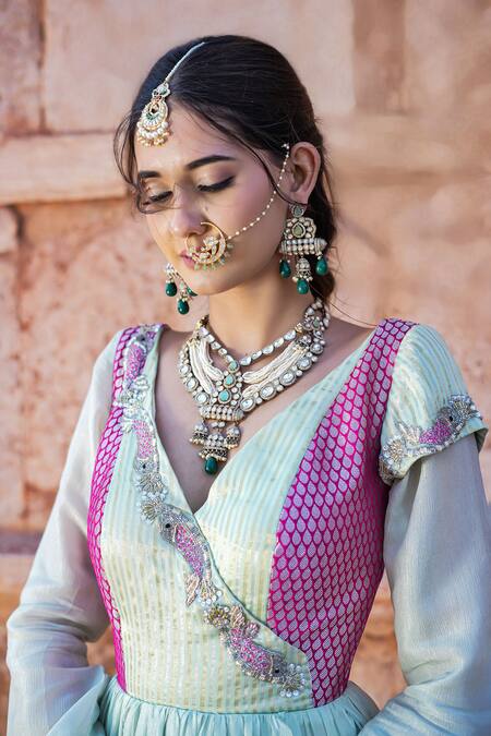 Buy_Label Anshu Khathuria_Green Embroidery V-neck And Rani-pink Handloom Anarkali _Online_at_Aza_Fashions