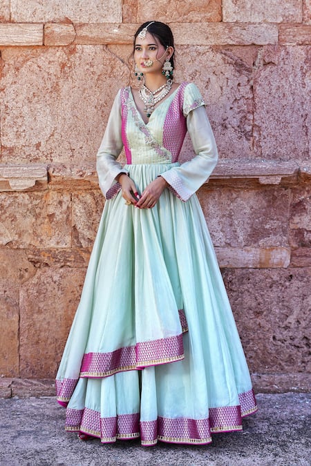 Label Anshu Khathuria Green Embroidery V-neck And Rani-pink Handloom Anarkali 