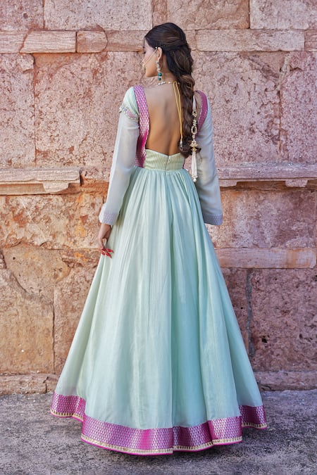 Label Anshu Khathuria Green & Rani-Pink Handloom Anarkali 