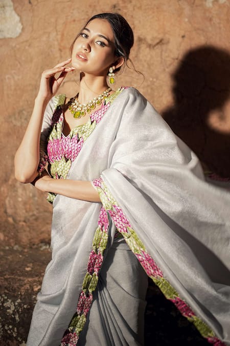 Label Anshu Khathuria_Gray Tissue, Brocade Embroidery Round Neck Designer Saree Set _Online_at_Aza_Fashions