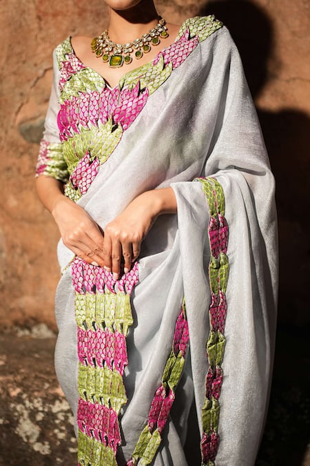 Buy_Label Anshu Khathuria_Gray Tissue, Brocade Embroidery Round Neck Designer Saree Set _Online_at_Aza_Fashions