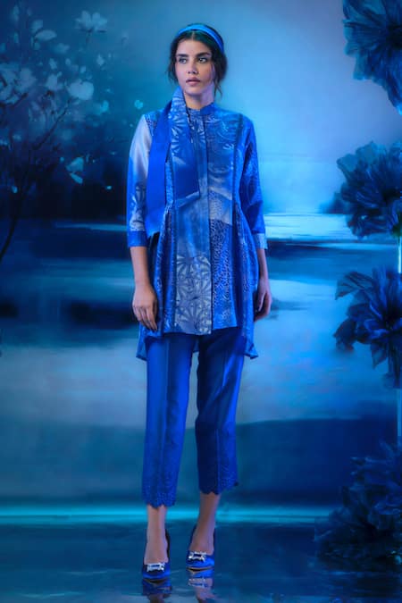 Shop_Mandira Wirk - Indian_Blue Chanderi Embroidery Mandarin Collar Indigo Kurta Pant Set _Online_at_Aza_Fashions