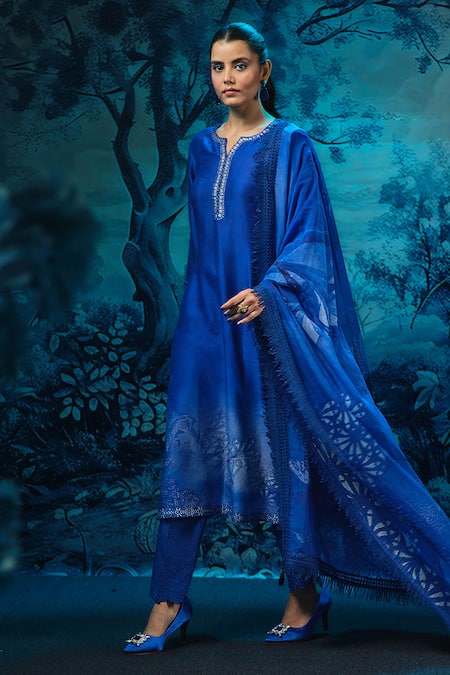 Mandira Wirk - Indian Indigo Blue Chanderi Kurta Pant Dupatta Set 