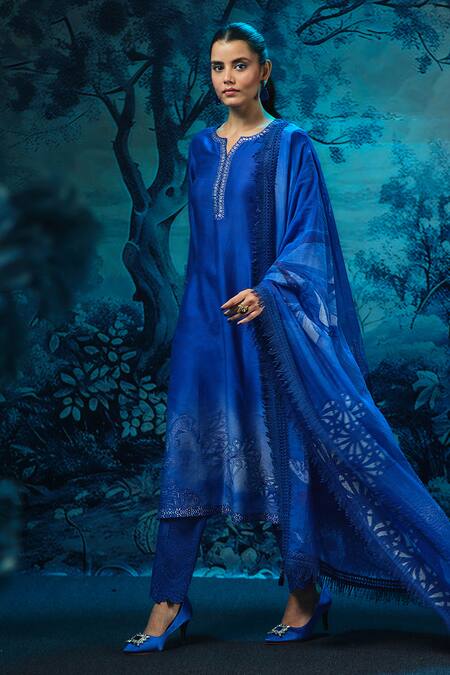Shop_Mandira Wirk - Indian_Blue Chanderi Embroidery Round Neck Indigo Kurta Pant Dupatta Set _Online_at_Aza_Fashions