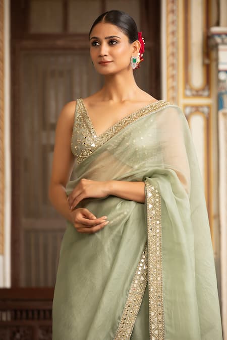 Neha Khullar_Green Shantoon Zari, Embroidery V-neck Designer Organza Saree Set _Online_at_Aza_Fashions