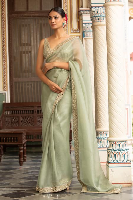 Buy_Neha Khullar_Green Shantoon Zari, Embroidery V-neck Designer Organza Saree Set 