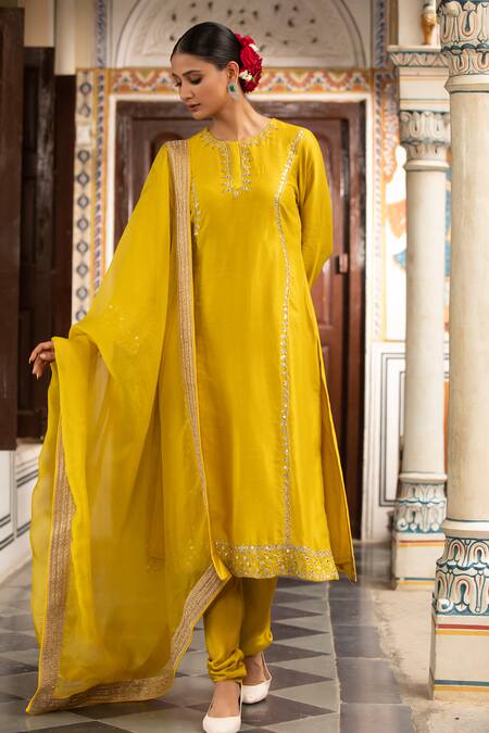 Shop Neha Khullar Yellow Zari, Mirrors Round Neck Designer Chanderi Kurta Set Online at Aza Fashions Shop_Neha Khullar_Yellow Zari, Mirrors Round Neck Designer Chanderi Kurta Set _Online_at_Aza_Fashions