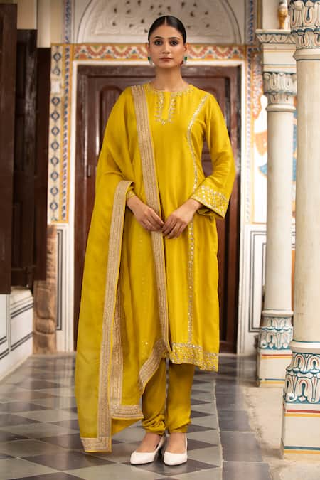 Neha Khullar Yellow Zari, Mirrors Round Neck Designer Chanderi Kurta Set