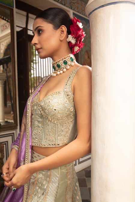 Buy Neha Khullar Green Mirrors, Zari Sweetheart Neck Zardozi Lehenga Set Online at Aza Fashions Buy_Neha Khullar_Green Mirrors, Zari Sweetheart Neck Zardozi Lehenga Set _Online_at_Aza_Fashions