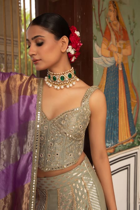 Shop Neha Khullar Green Mirrors, Zari Sweetheart Neck Zardozi Lehenga Set Online at Aza Fashions Shop_Neha Khullar_Green Mirrors, Zari Sweetheart Neck Zardozi Lehenga Set _Online_at_Aza_Fashions