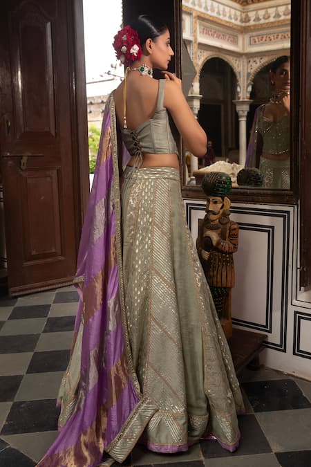 Buy Neha Khullar Green Mirrors, Zari Sweetheart Neck Zardozi Lehenga Set Buy_Neha Khullar_Green Mirrors, Zari Sweetheart Neck Zardozi Lehenga Set