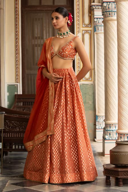 Shop_Neha Khullar_Rust Organza Mirrors, Zari Plunge Neck Orange Zardozi Work Lehenga Set _Online_at_Aza_Fashions